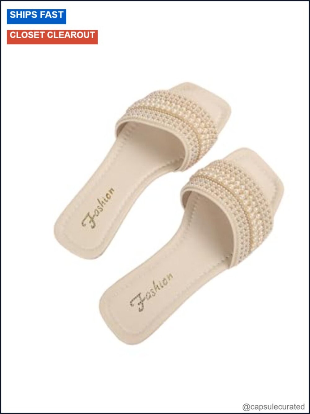Boho Pearl Flat Sandals Women Square Toe Slip On Slide
